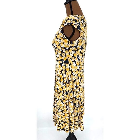 London Times Blue & Yellow Floral Midi Dress with Shoulder Pads – Size 4 - Picture 5 of 8